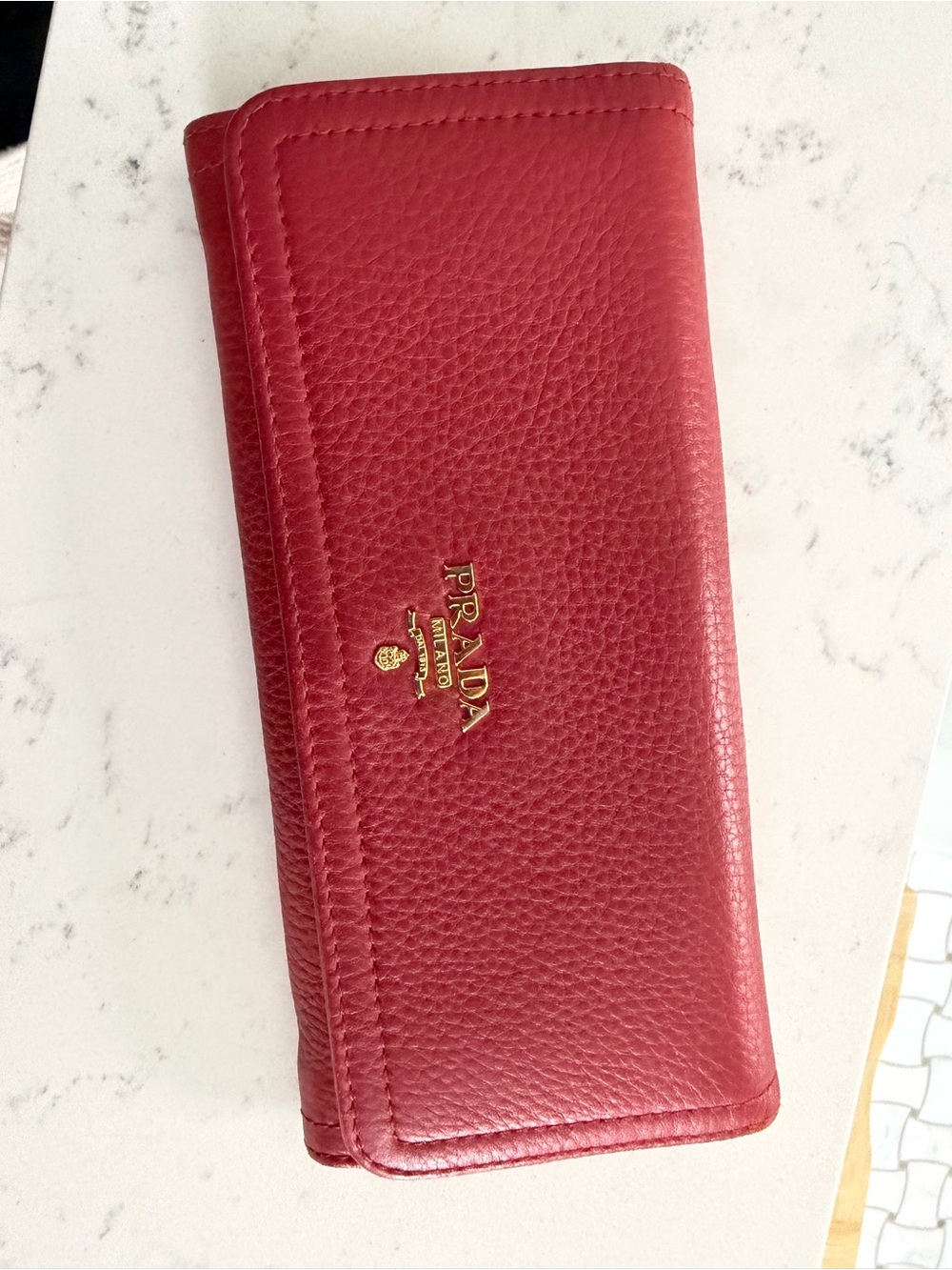 Prada Red Pebbled Leather Long Wallet with Gold Logo